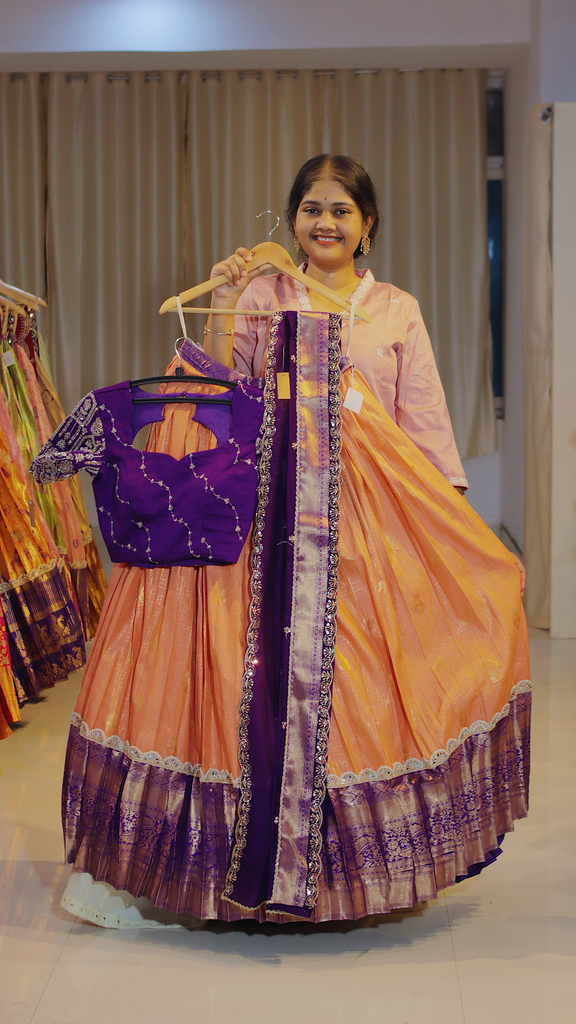 Coral Terracotta & Dusty Mauve Ready-to-Wear Half Saree - DP596