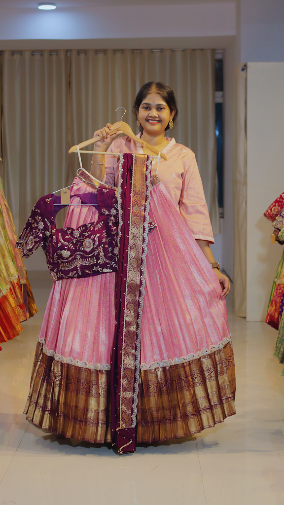 Coral Terracotta & Dusty Mauve Ready-to-Wear Half Saree - DP609