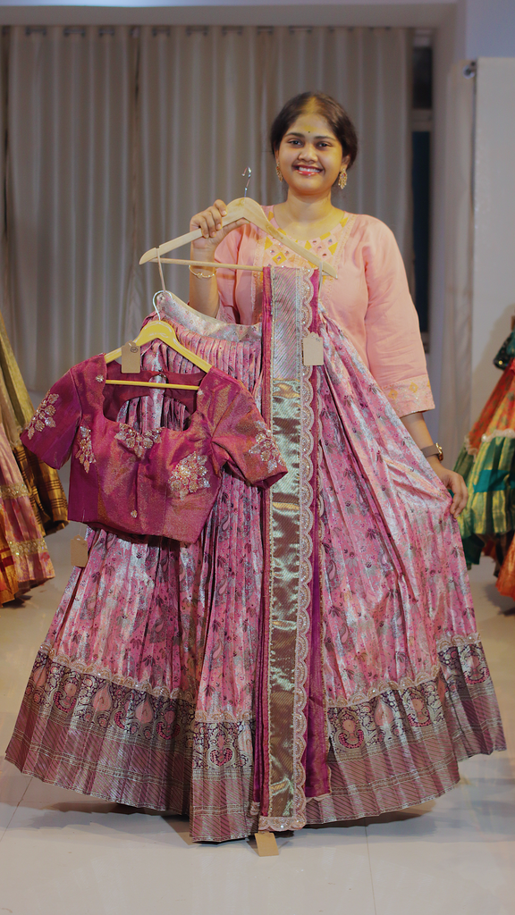Dusty Rose & Olive Green Kanchipattu Ready-to-Wear Half Saree - DP621
