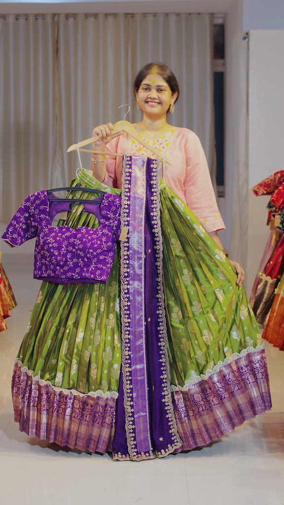 Olive Green & Dusty Rose Kanchipattu Ready-to-Wear Half Saree - DP645