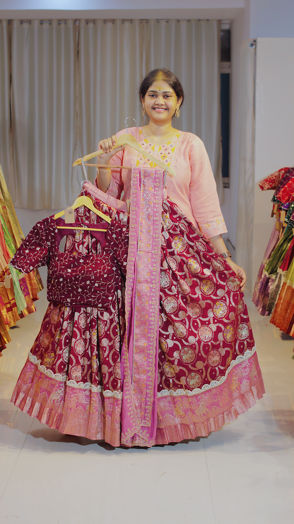 Dusty Rose & Blush Peach Kanchipattu Ready-to-Wear Half Saree - DP646