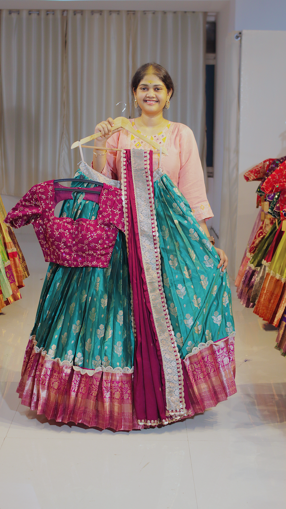 Mint Sage & Dusty Rose Kanchipattu Ready-to-Wear Half Saree - DP647