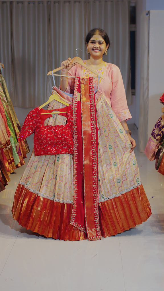 Copper Rust & Dusty Rose Kanchipattu Ready-to-Wear Half Saree - DP650