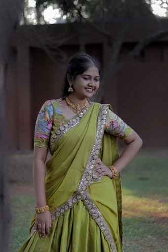 [DP032] New Pure Dola Kalamkari Green color Half Saree with running blouse ( Unstitched ) and Chiffon Duppata