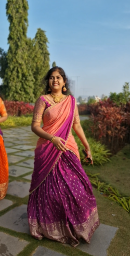 [DP039] A bright Purple lehenga with golden motifs and a radiant golden border, paired with a matching running blouse 