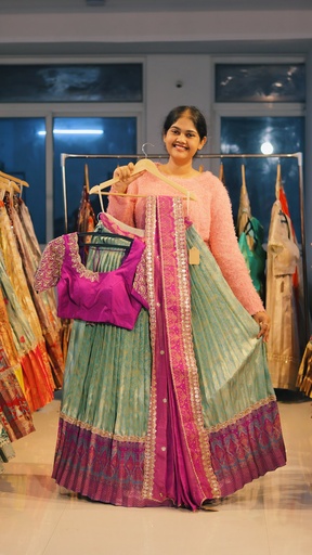 [DP487] Sea Green & Magenta Kanchi Pattu Half Saree - DP487