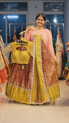 [DP492] Copper Rust & Mustard Yellow Kanchi Pattu Half Saree - DP492