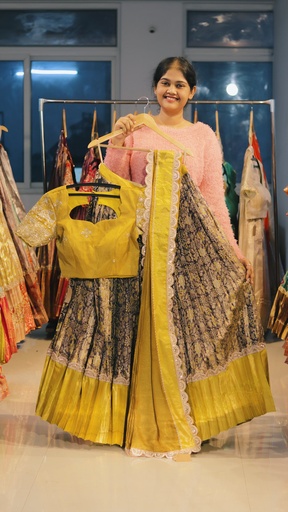 [DP494] Navy Slate & Mustard Yellow Kanchi Pattu Half Saree - DP494