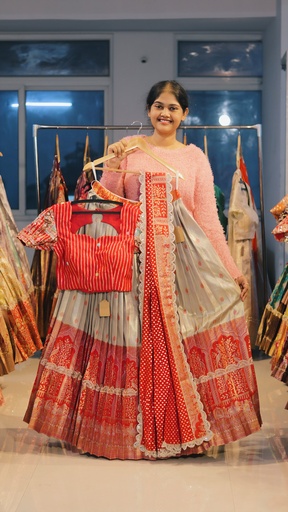 [DP498] Silver Grey & Red Kanchi Pattu Half Saree - DP498