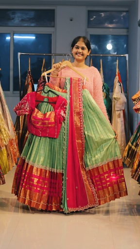 [DP504] Pista Green & Rani Pink Kanchi Pattu Half Saree - DP504