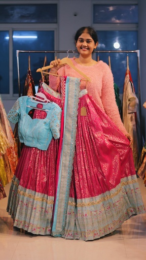 [DP531] Rani Pink & Sky Blue Kanchi Pattu Half Saree - DP531
