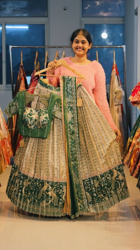 [DP534] Cream & Bottle Green Kanchi Pattu Half Saree - DP534