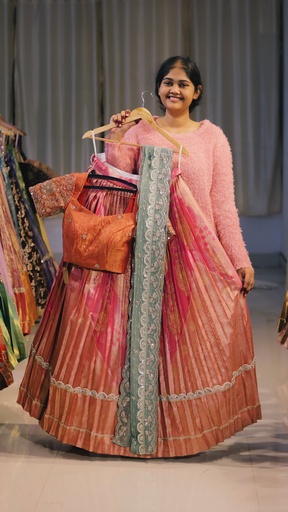 [DP545] Coral Pink & Mint Green Half Saree - DP545