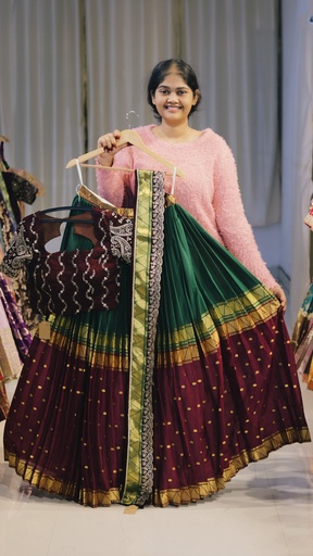 [DP548] Emerald Green & Wine Maroon Half Saree - DP548