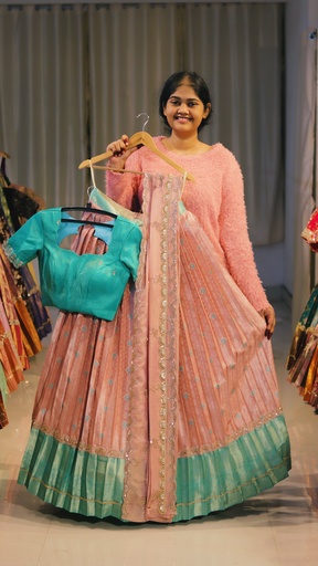 [DP551] Peach Pink & Sea Green Half Saree - DP551