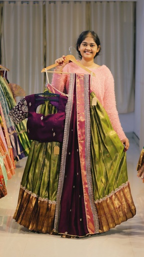 [DP559] Olive Green & Wine Maroon Half Saree - DP559