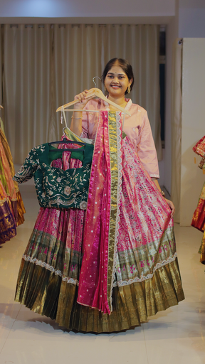 [DP582] Antique Copper & Coral Terracotta Ready-to-Wear Half Saree - DP582