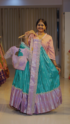 [DP587] Teal Green & Lavender Lilac Ready-to-Wear Half Saree - DP587