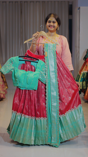 [DP628] Dusty Rose & Mint Sage Kanchipattu Ready-to-Wear Half Saree - DP628