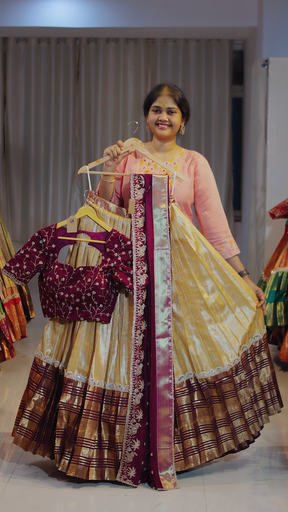 [DP631] Dusty Rose & Wine Maroon Kanchipattu Ready-to-Wear Half Saree - DP631