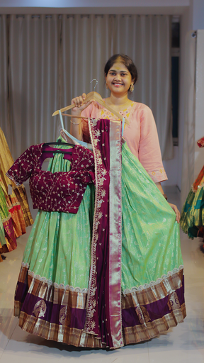 [DP636] Mint Sage & Dusty Rose Kanchipattu Ready-to-Wear Half Saree - DP636