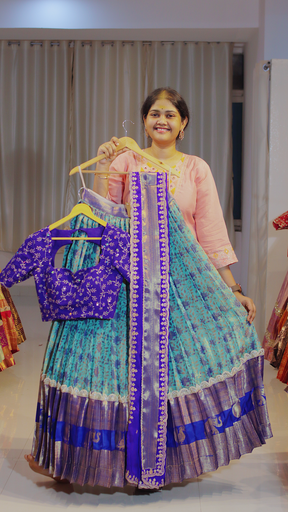 [DP641] Mint Sage & Dusty Rose Kanchipattu Ready-to-Wear Half Saree - DP641