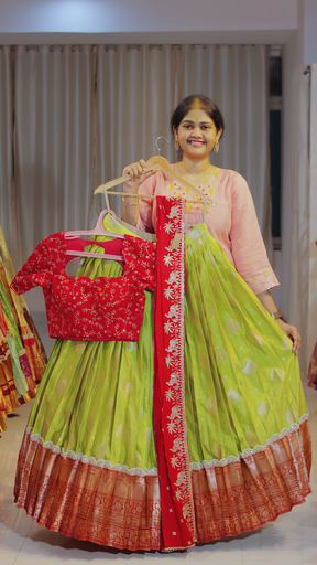 [DP642] Mustard Yellow & Dusty Rose Kanchipattu Ready-to-Wear Half Saree - DP642