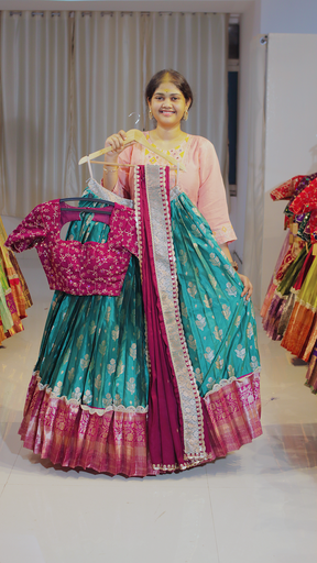 [DP647] Mint Sage & Dusty Rose Kanchipattu Ready-to-Wear Half Saree - DP647