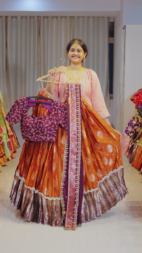 [DP649] Copper Rust & Dusty Rose Kanchipattu Ready-to-Wear Half Saree - DP649