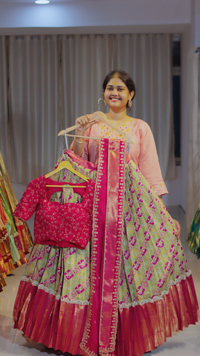 [DP653] Copper Rust & Dusty Rose Kanchipattu Ready-to-Wear Half Saree - DP653