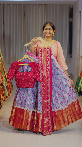 [DP655] Dusty Rose & Copper Rust Kanchipattu Ready-to-Wear Half Saree - DP655